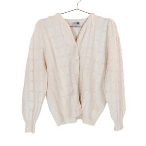 ADELE JOYCE Vintage Ivory Lambswool Angora Faux Pearl Close Cardigan Size XL